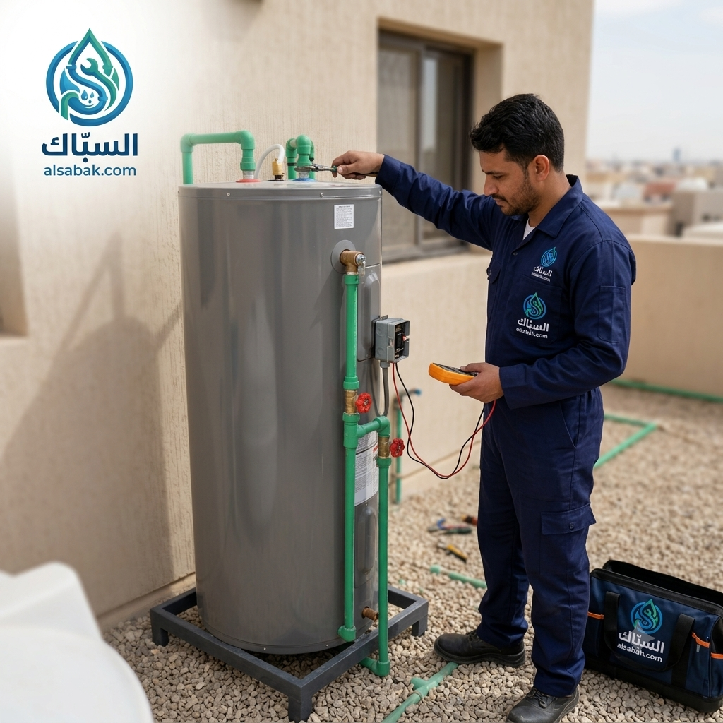 ​فني موقع السباك يقوم بمهام صيانة السخان المركزي الكهربائي وفحص الترموستات والأنابيب في الرياض