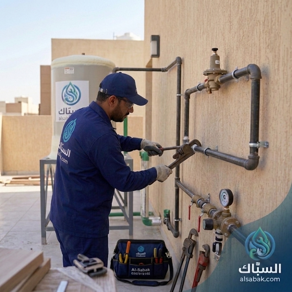 عامل متخصص يربط أنبوب بلاك استيل أسود عالي الجودة ضمن شبكة تمديد غاز مركزي آمنة وفق الشروط المعتمدة بالرياض بواسطة موقع السبّاك (0557912102). المعاينة مجانية.