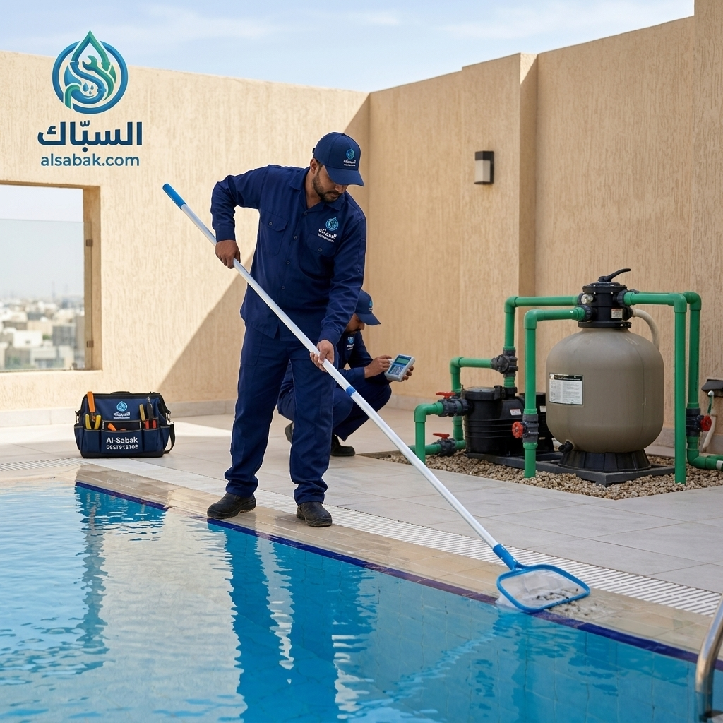 فني صيانة مسابح بالرياض يرتدي زي السبّاك الرسمي ويقوم بتنظيف وفحص مضخة وفلتر المسبح بالرياض